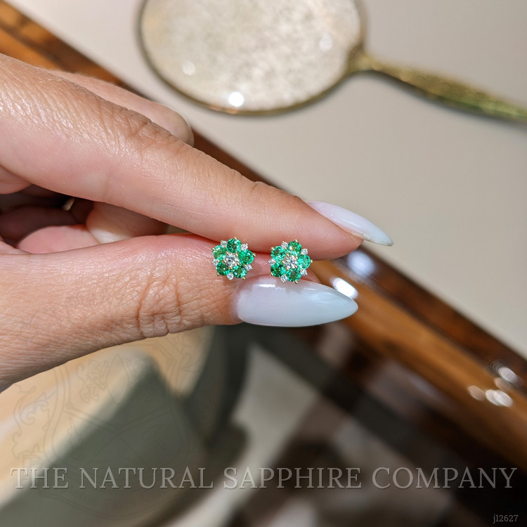 0.61 Ct.Tw. Emerald and Natural Diamond Studs Earrings, 18K Yellow Gold