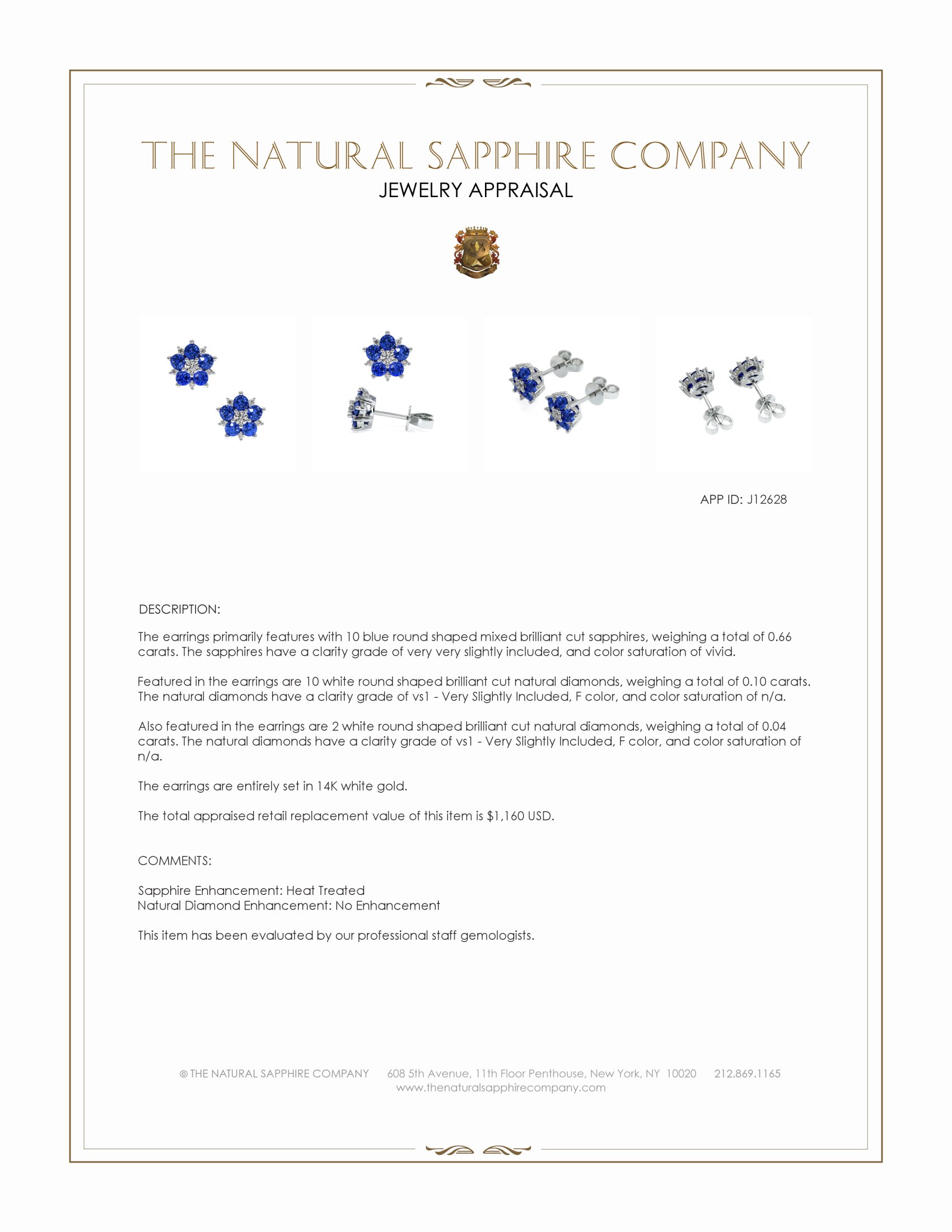 0.66 Ct.Tw. Blue Sapphire and Natural Diamond Studs Earrings, 14K White Gold