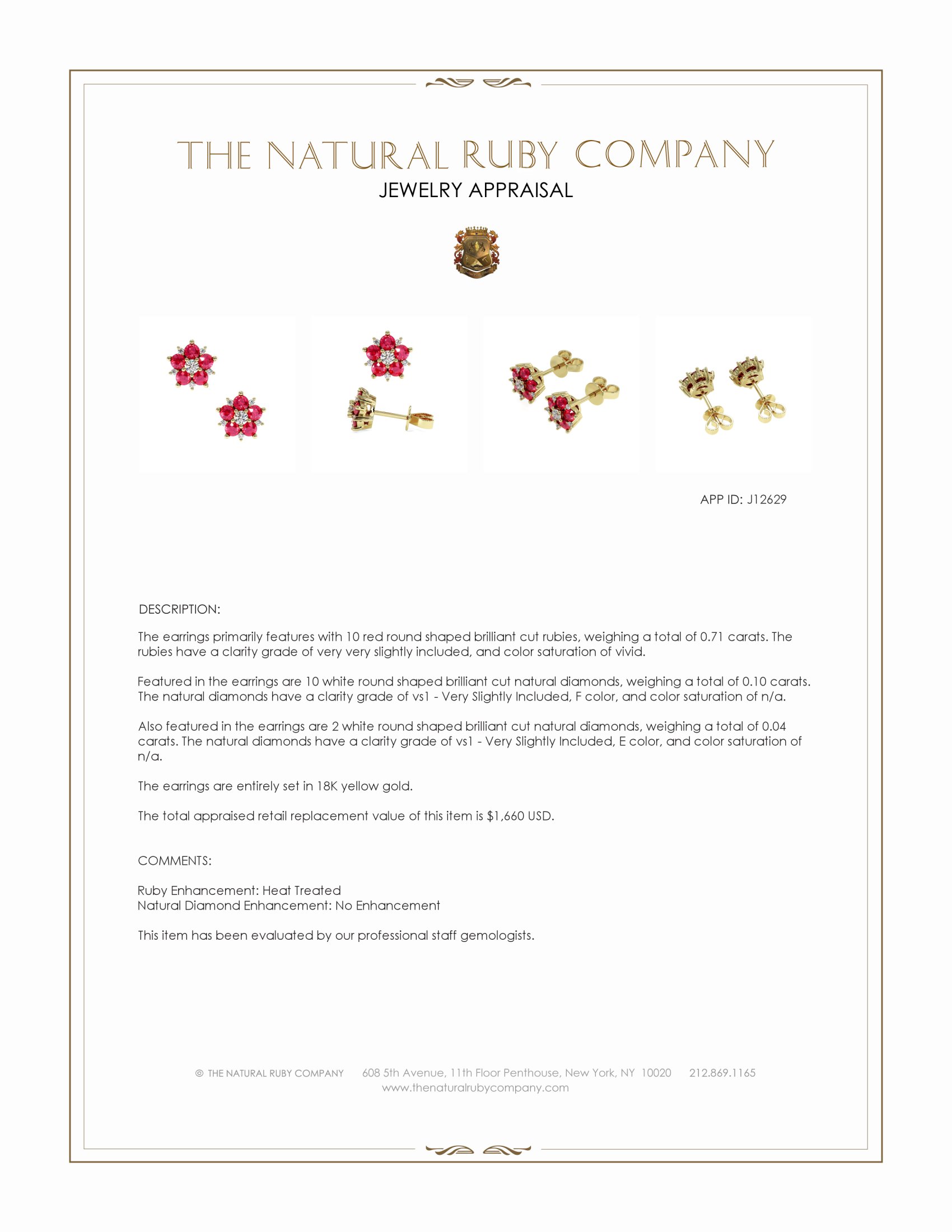 0.71 Ct.Tw. Ruby and Natural Diamond Studs Earrings, 18K Yellow Gold