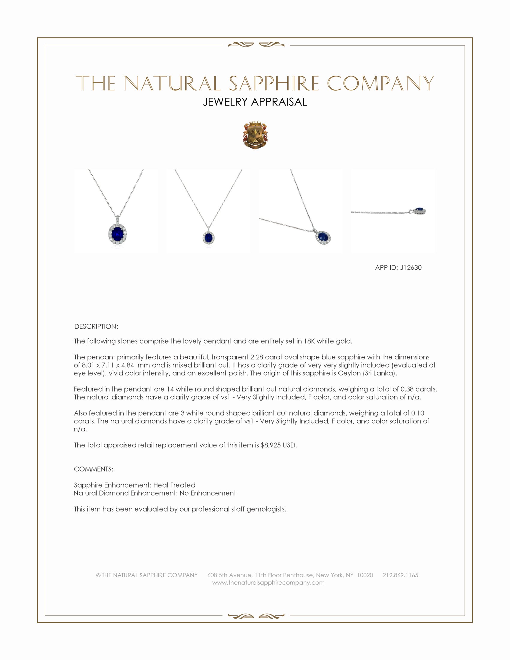 2.28 Ct. Blue Sapphire and Natural Diamond Pave Pendant, 18K White Gold