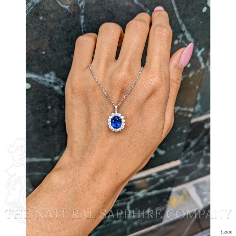 2.28 Ct. Blue Sapphire and Natural Diamond Pave Pendant, 18K White Gold