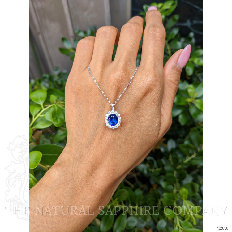 2.28 Ct. Blue Sapphire and Natural Diamond Pave Pendant, 18K White Gold