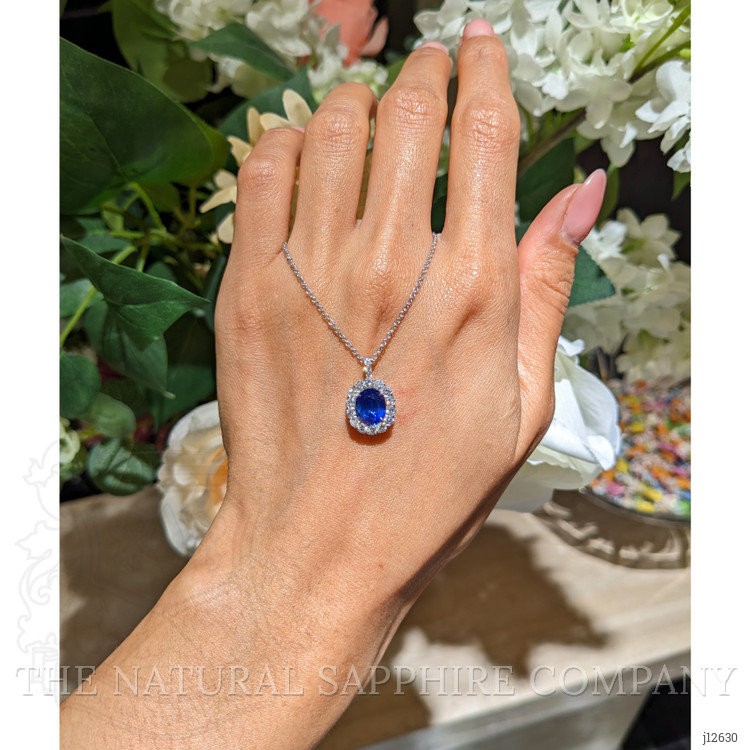 2.28 Ct. Blue Sapphire and Natural Diamond Pave Pendant, 18K White Gold