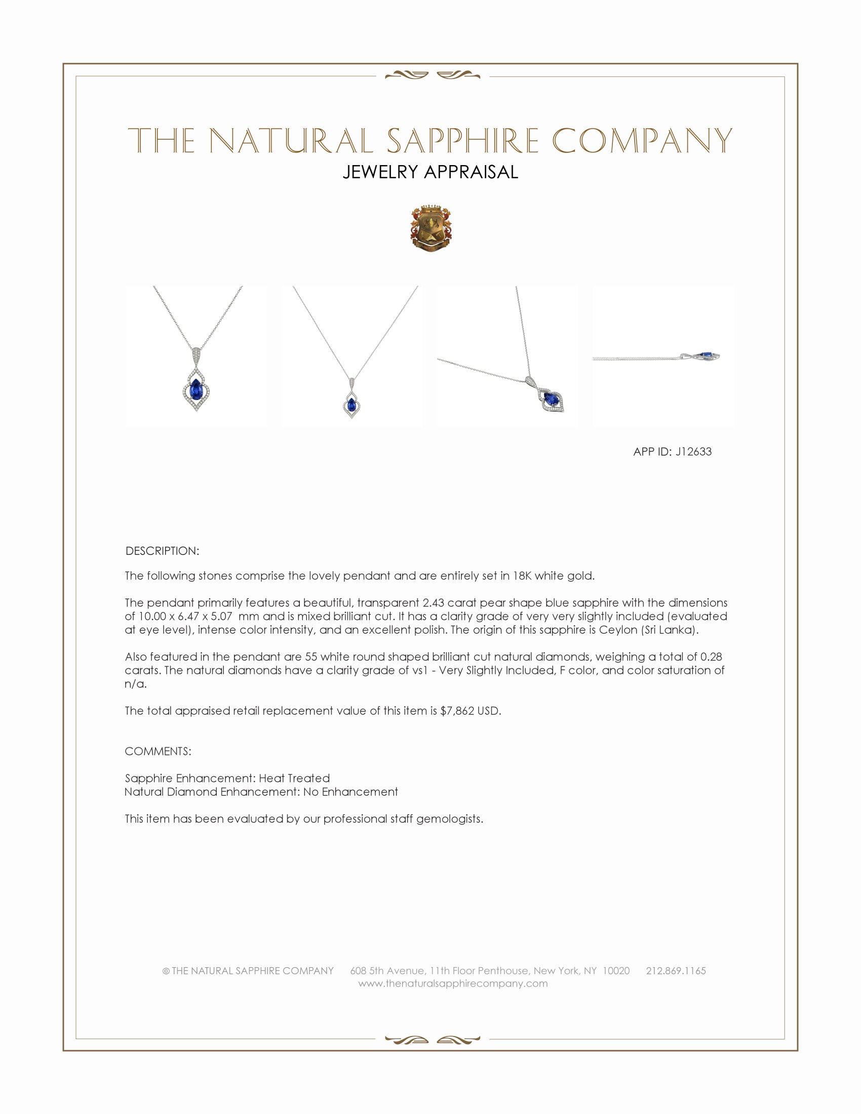 2.43 Ct. Blue Sapphire and Natural Diamond Pave Pendant, 18K White Gold