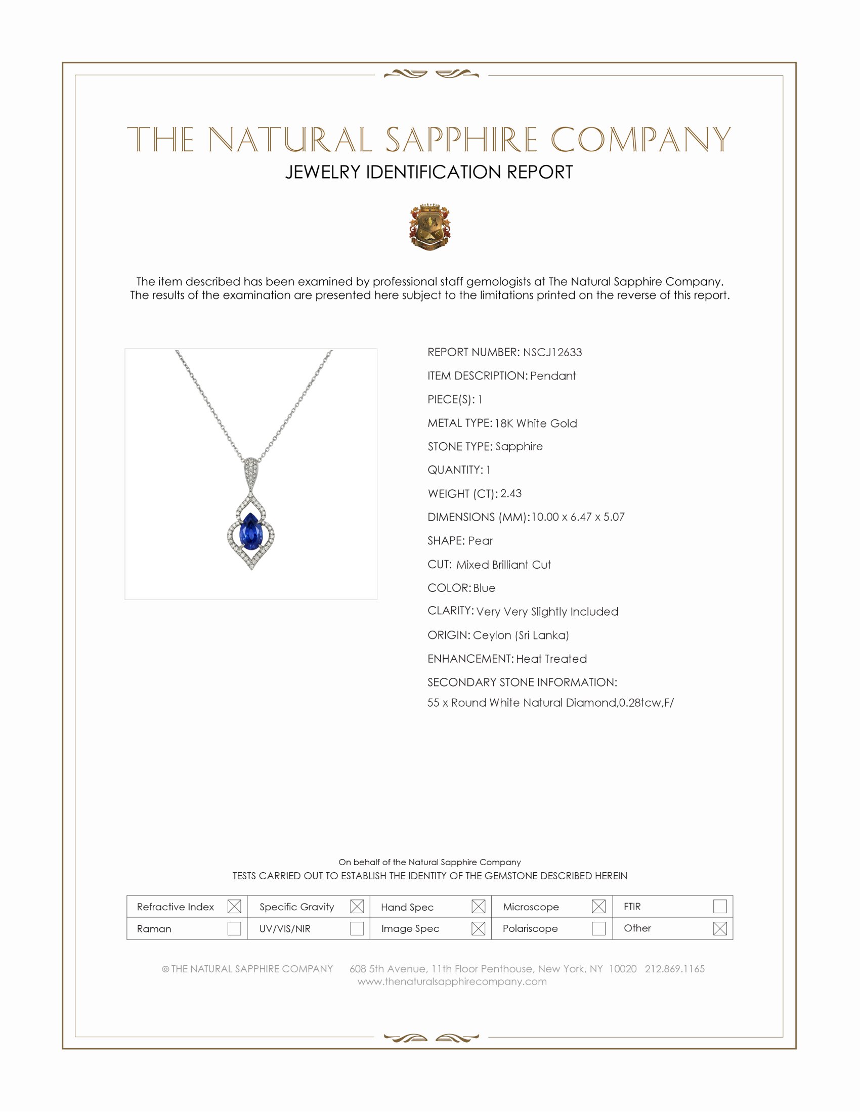 2.43 Ct. Blue Sapphire and Natural Diamond Pave Pendant, 18K White Gold