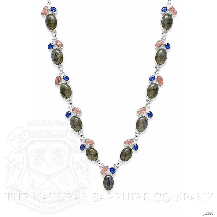 34.19 Ct.Tw. Multi Color Labradorite, Pink Rose Quartz and Blue Kyanite Bezel Necklace, Silver