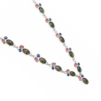 34.19 Ct.Tw.Total Carat Weight Multi Color Labradorite, Pink Rose Quartz and Blue Kyanite Bezel Necklace, Silver Image