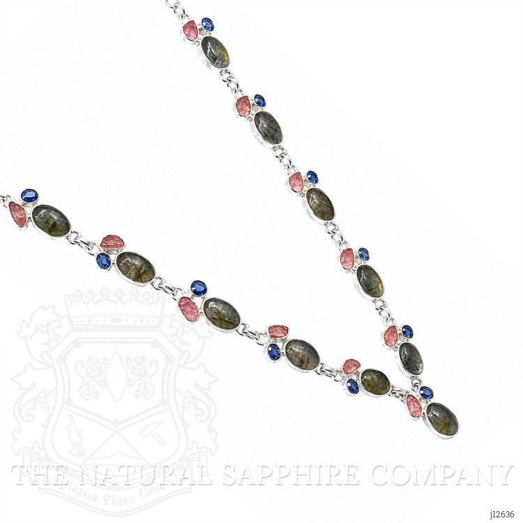 34.19 Ct.Tw. Multi Color Labradorite, Pink Rose Quartz and Blue Kyanite Bezel Necklace, Silver