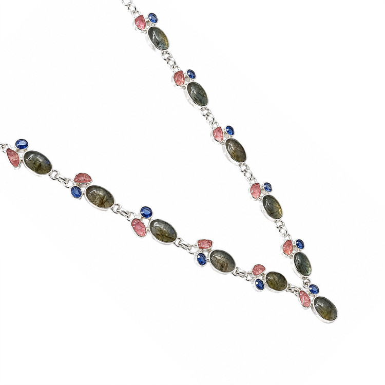 34.19 Ct.Tw. Multi Color Labradorite, Pink Rose Quartz and Blue Kyanite Bezel Necklace, Silver