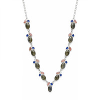 34.19 Ct.Tw.Total Carat Weight Multi Color Labradorite, Pink Rose Quartz and Blue Kyanite Bezel Necklace, Silver Image