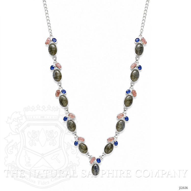 34.19 Ct.Tw. Multi Color Labradorite, Pink Rose Quartz and Blue Kyanite Bezel Necklace, Silver