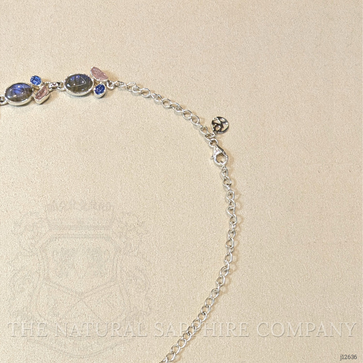 34.19 Ct.Tw. Multi Color Labradorite, Pink Rose Quartz and Blue Kyanite Bezel Necklace, Silver