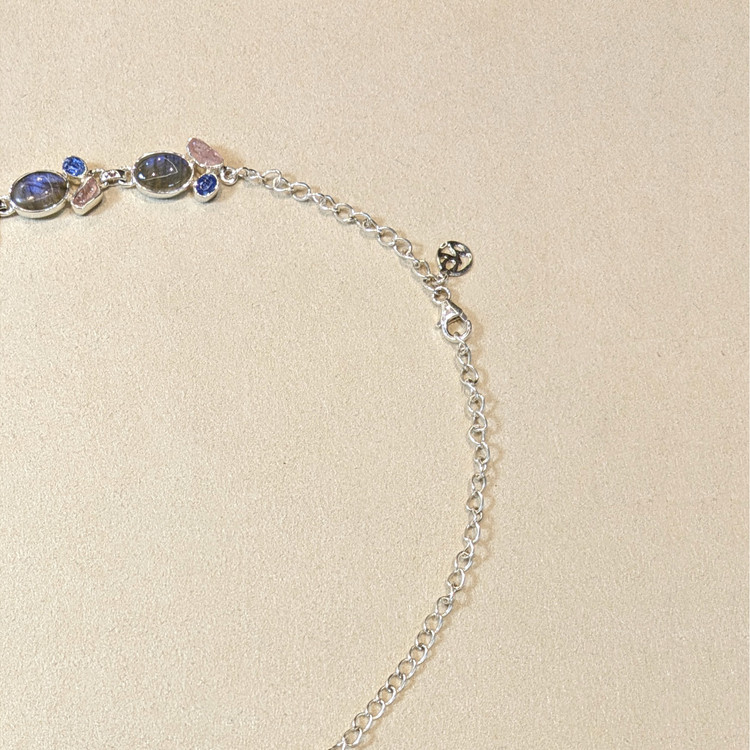 34.19 Ct.Tw. Multi Color Labradorite, Pink Rose Quartz and Blue Kyanite Bezel Necklace, Silver