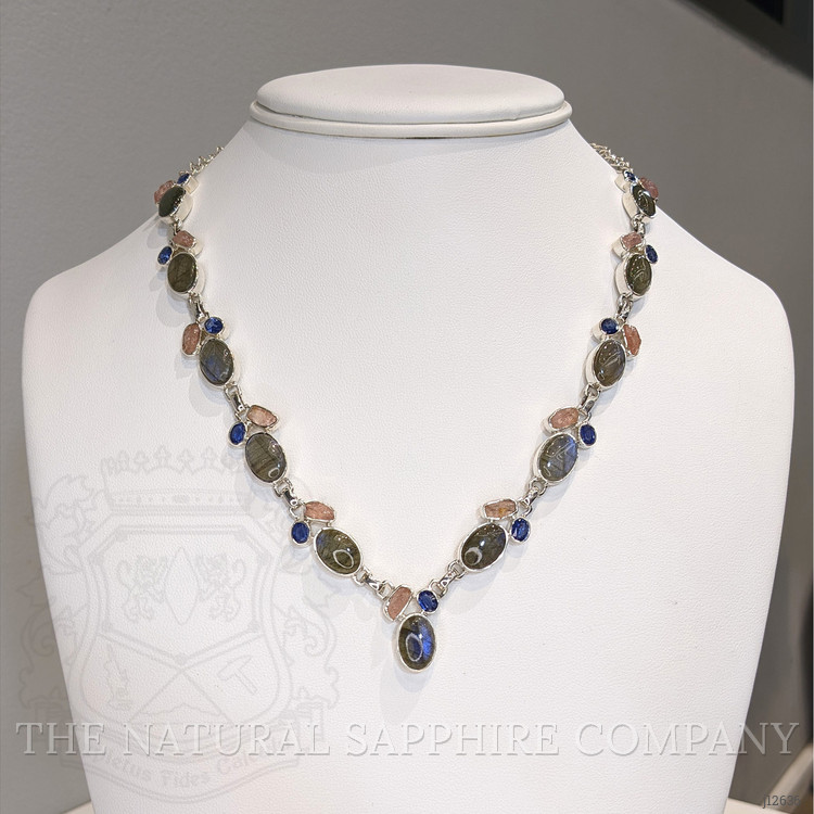 34.19 Ct.Tw. Multi Color Labradorite, Pink Rose Quartz and Blue Kyanite Bezel Necklace, Silver