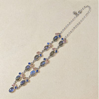 34.19 Ct.Tw.Total Carat Weight Multi Color Labradorite, Pink Rose Quartz and Blue Kyanite Bezel Necklace, Silver Life Style