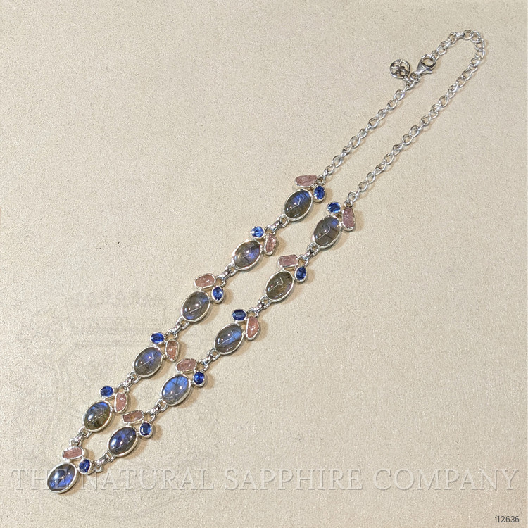 34.19 Ct.Tw. Multi Color Labradorite, Pink Rose Quartz and Blue Kyanite Bezel Necklace, Silver