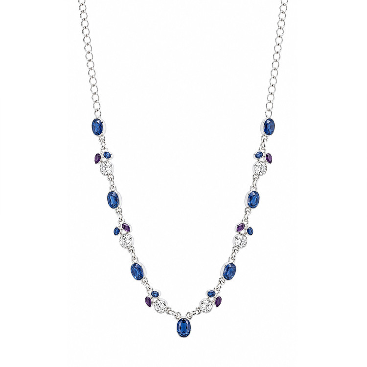 1.52 Ct. Blue Kyanite, White Topaz and Purple Amethyst Bezel Necklace, Silver