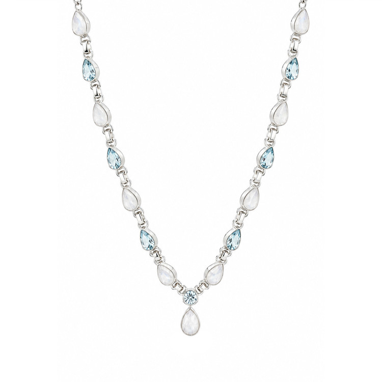 1.59 Ct. Rainbow Moonstone and Sky Blue Topaz Bezel Necklace, Silver
