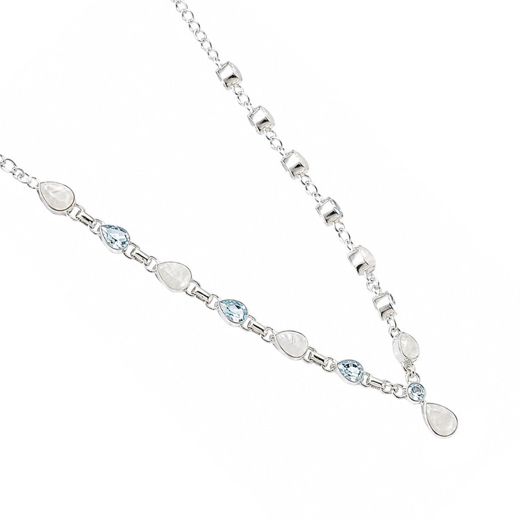 1.59 Ct. Rainbow Moonstone and Sky Blue Topaz Bezel Necklace, Silver