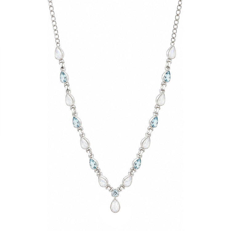 1.59 Ct. Rainbow Moonstone and Sky Blue Topaz Bezel Necklace, Silver
