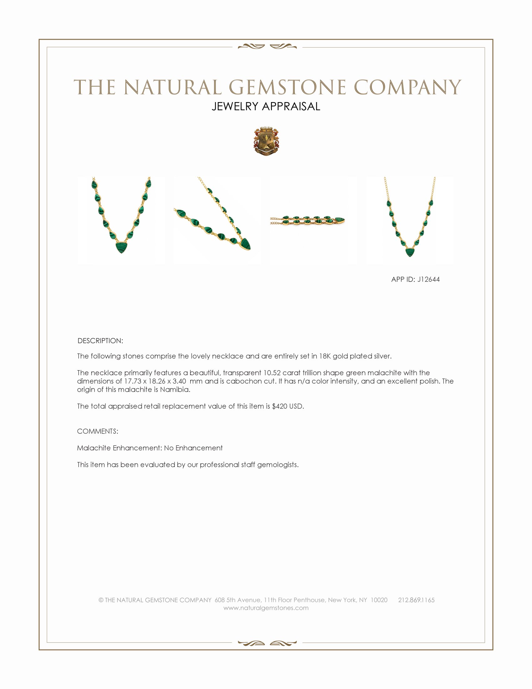 47.77 Ct.Tw. Malachite Bezel Necklace, 18K Gold Plated Silver
