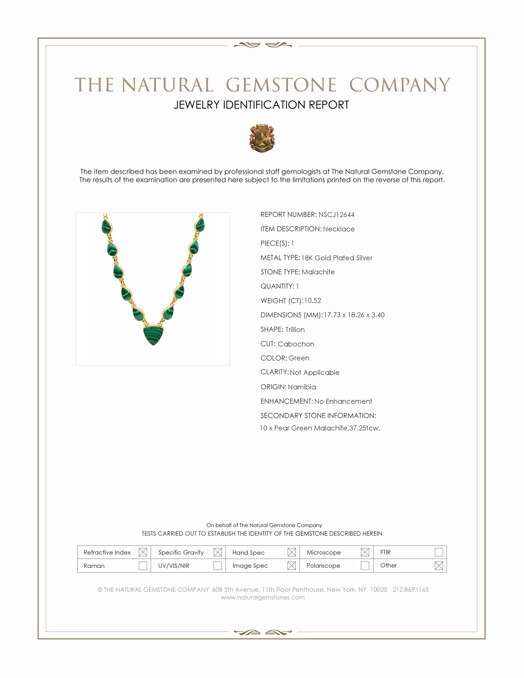 47.77 Ct.Tw. Malachite Bezel Necklace, 18K Gold Plated Silver