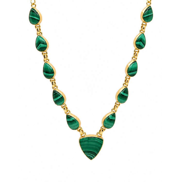 47.77 Ct.Tw. Malachite Bezel Necklace, 18K Gold Plated Silver