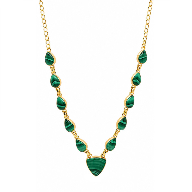 47.77 Ct.Tw. Malachite Bezel Necklace, 18K Gold Plated Silver