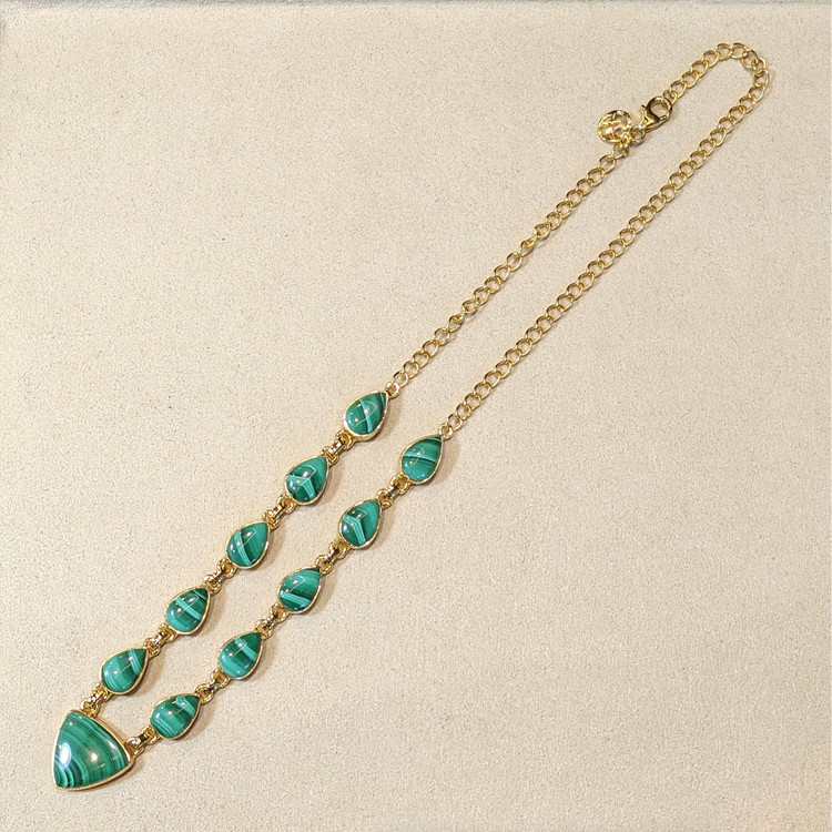 47.77 Ct.Tw. Malachite Bezel Necklace, 18K Gold Plated Silver