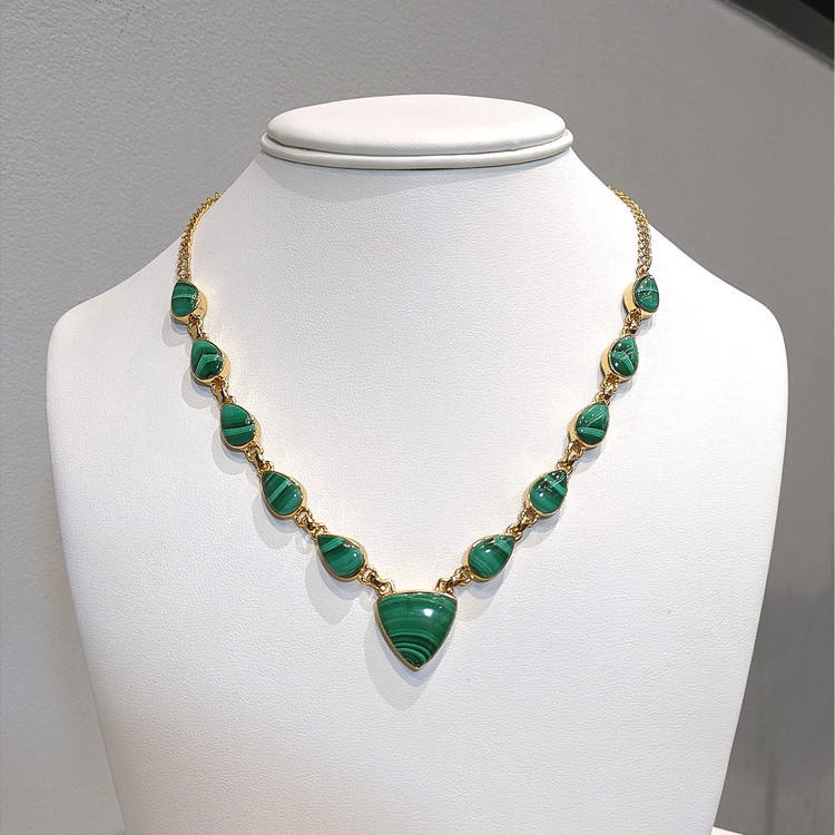 47.77 Ct.Tw. Malachite Bezel Necklace, 18K Gold Plated Silver
