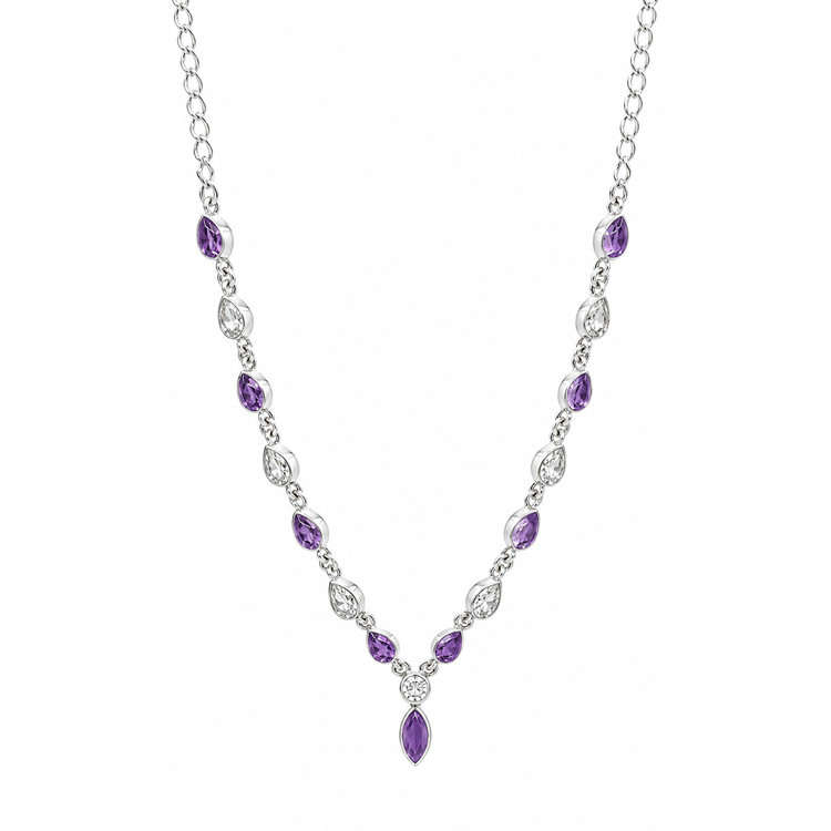 0.85 Ct. Purple Amethyst and White Topaz Bezel Necklace, Silver
