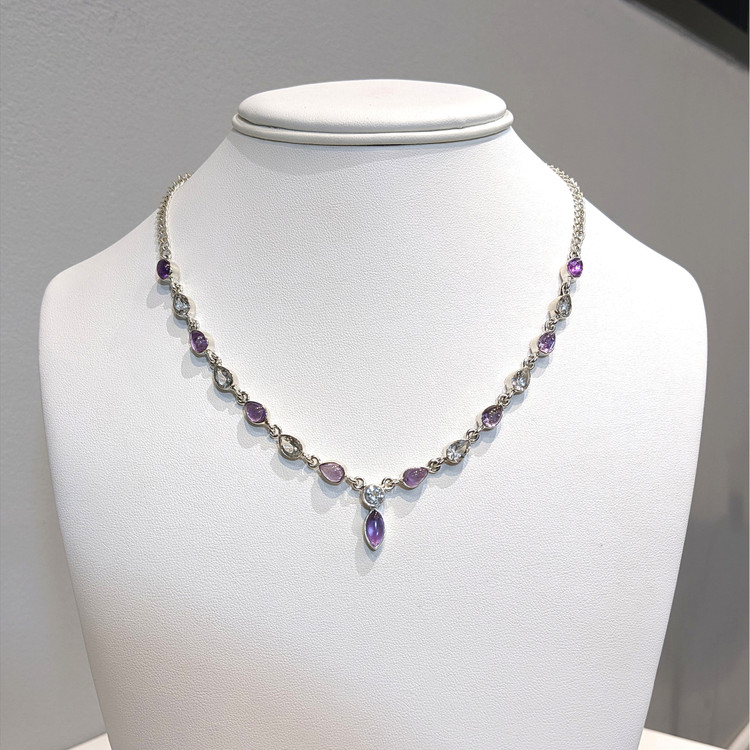0.85 Ct. Purple Amethyst and White Topaz Bezel Necklace, Silver