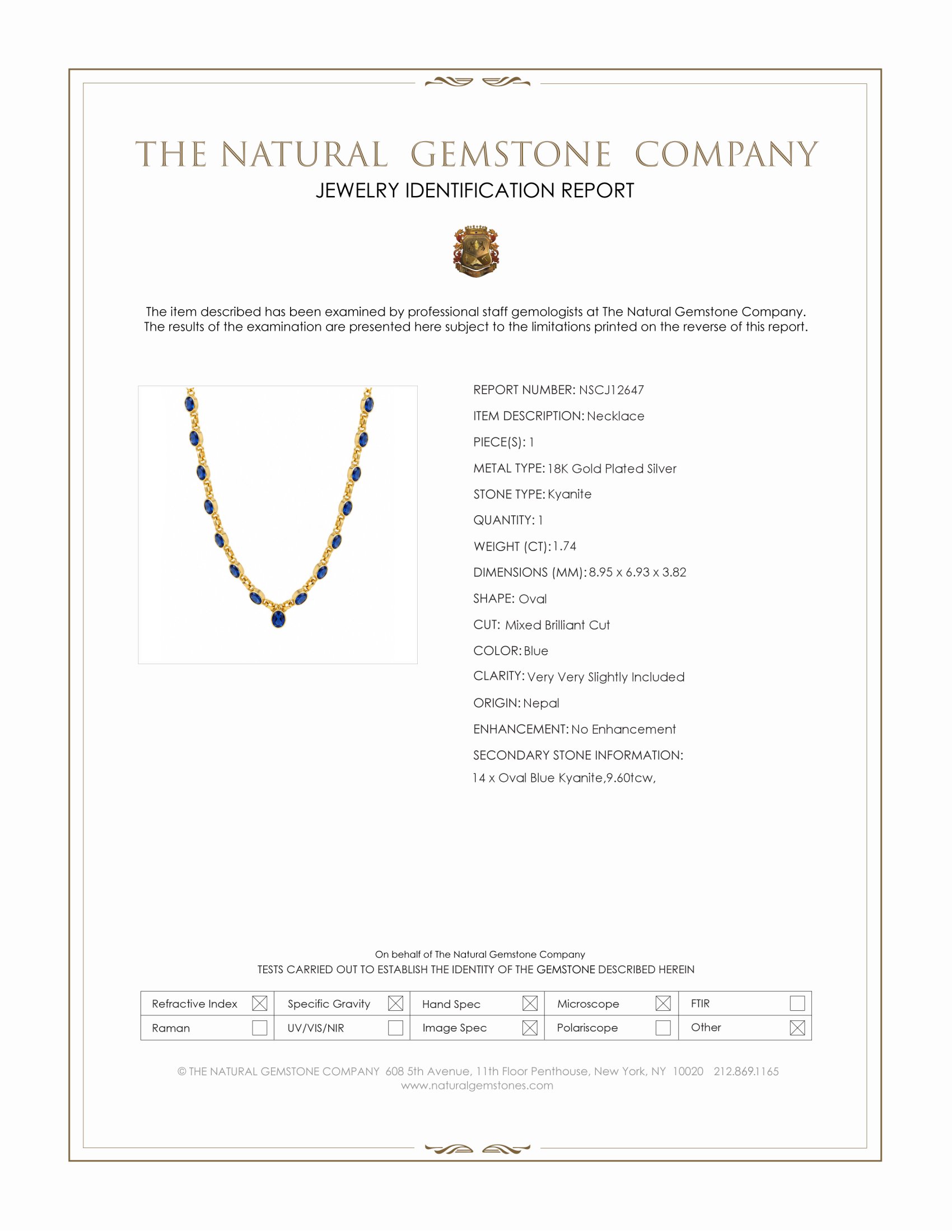 11.34 Ct.Tw. Blue Kyanite Bezel Necklace, 18K Gold Plated Silver