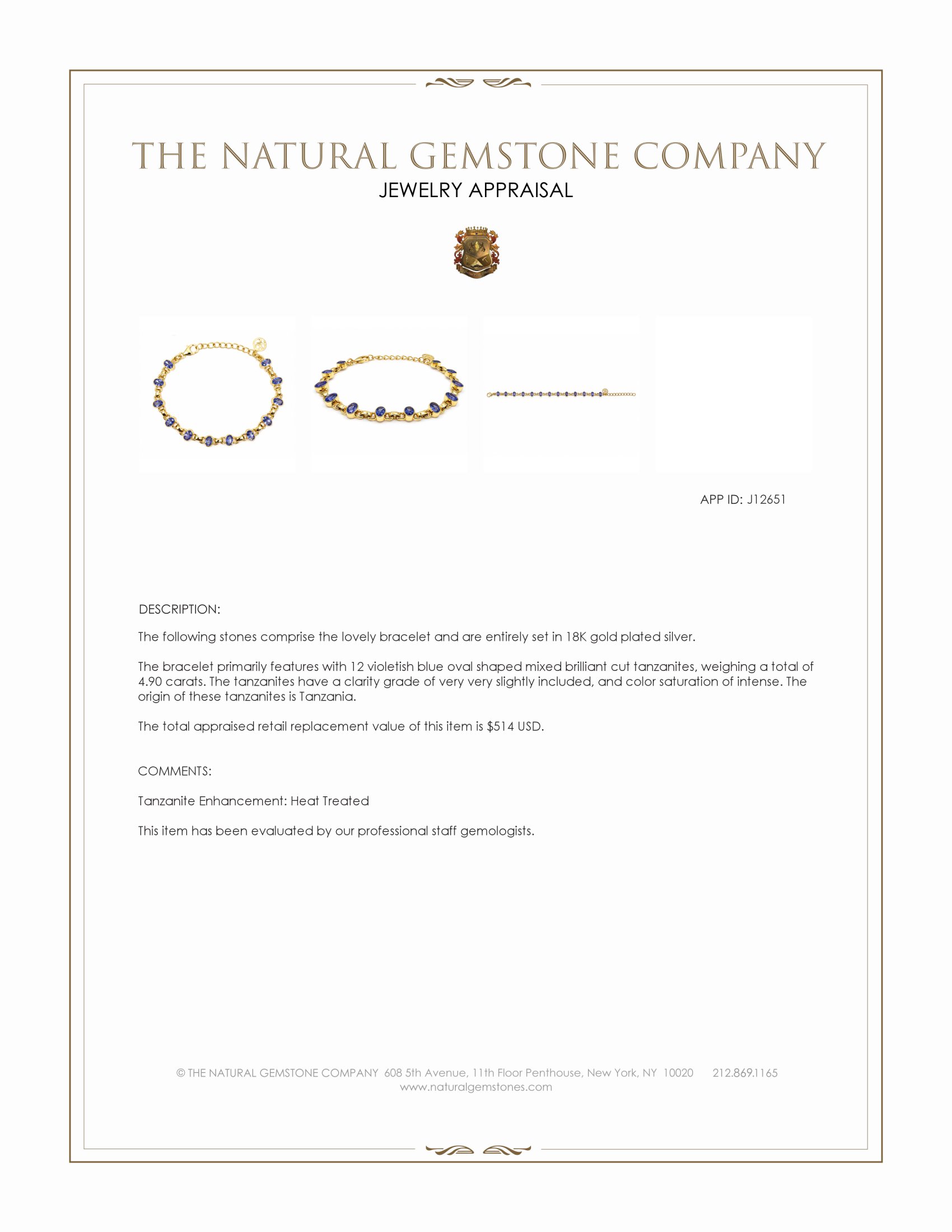 4.90 Ct.Tw. Violetish Blue Tanzanite Bezel Bracelet, 18K Gold Plated Silver