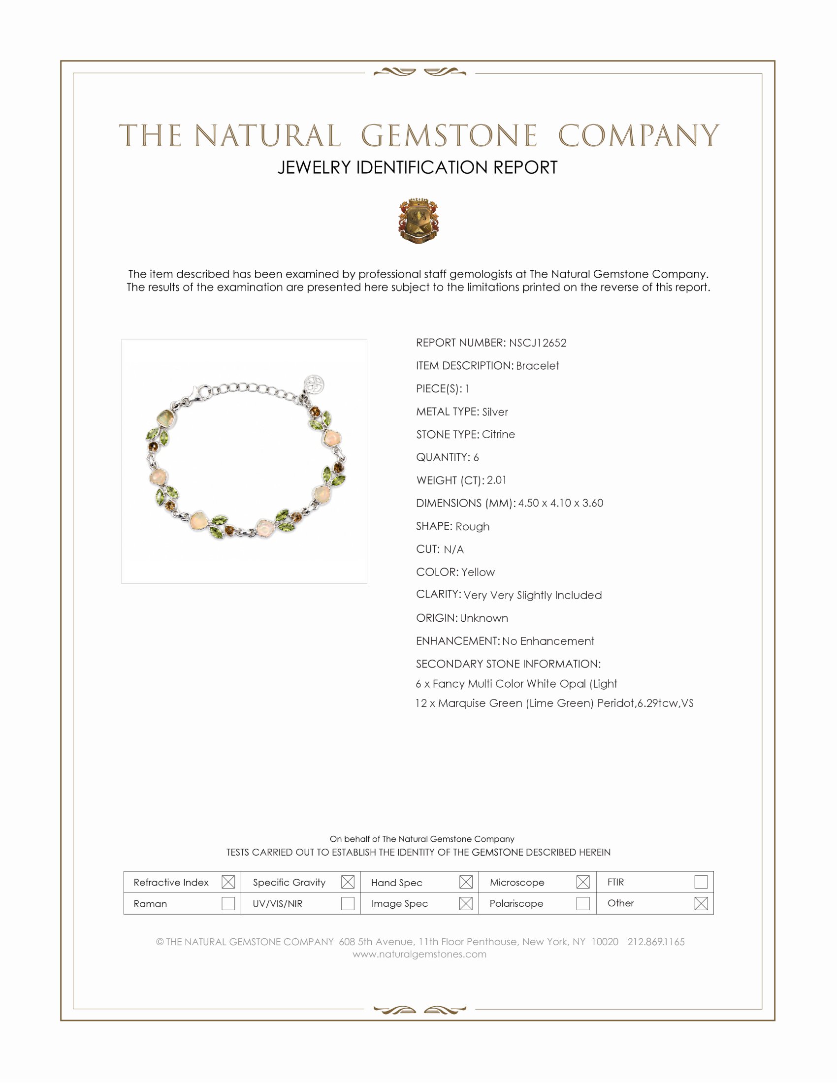 12.26 Ct.Tw. Green (Lime Green) Peridot, Multi Color White Opal (Light Opal) and Yellow Citrine Bezel Bracelet, Silver