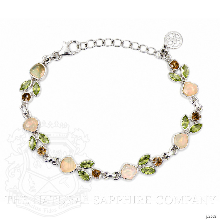 12.26 Ct.Tw. Green (Lime Green) Peridot, Multi Color White Opal (Light Opal) and Yellow Citrine Bezel Bracelet, Silver