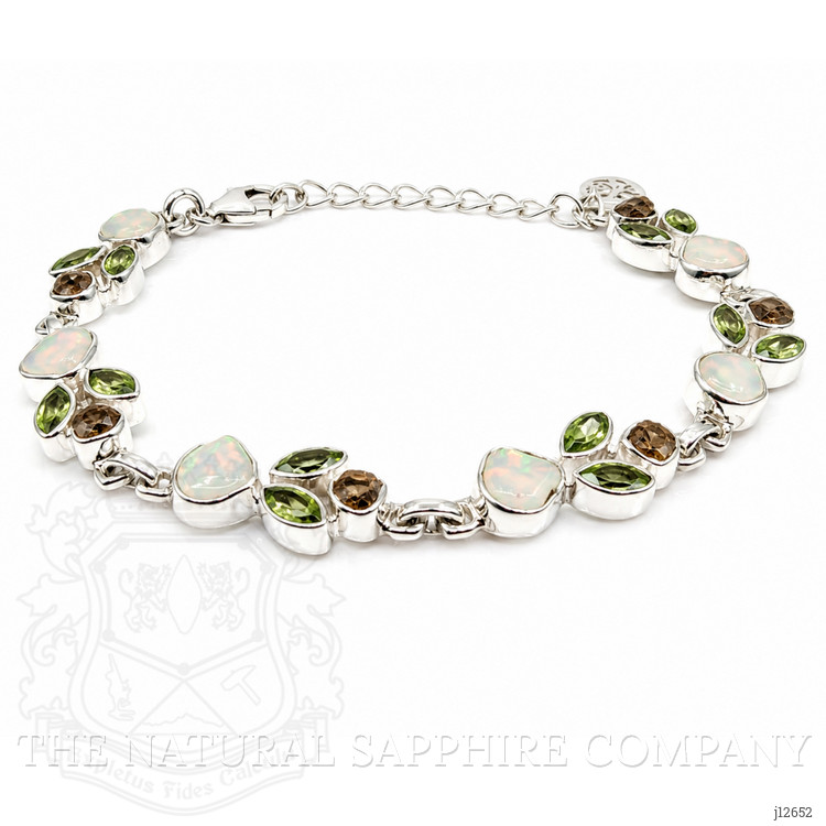 12.26 Ct.Tw. Green (Lime Green) Peridot, Multi Color White Opal (Light Opal) and Yellow Citrine Bezel Bracelet, Silver