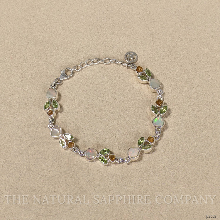 12.26 Ct.Tw. Green (Lime Green) Peridot, Multi Color White Opal (Light Opal) and Yellow Citrine Bezel Bracelet, Silver
