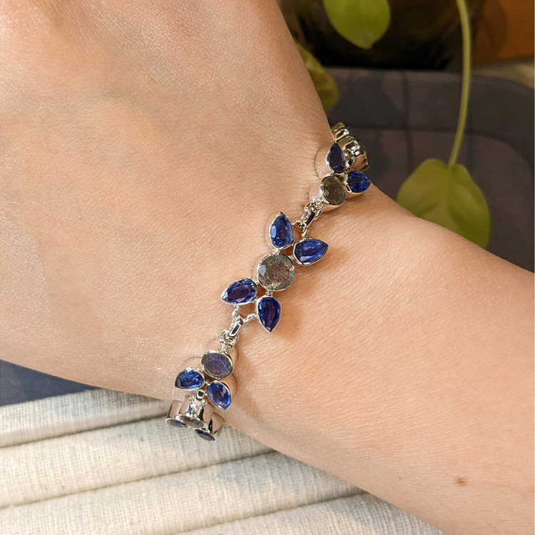 12.56 Ct.Tw. Blue Kyanite and Brown Labradorite Bezel Bracelet, Silver