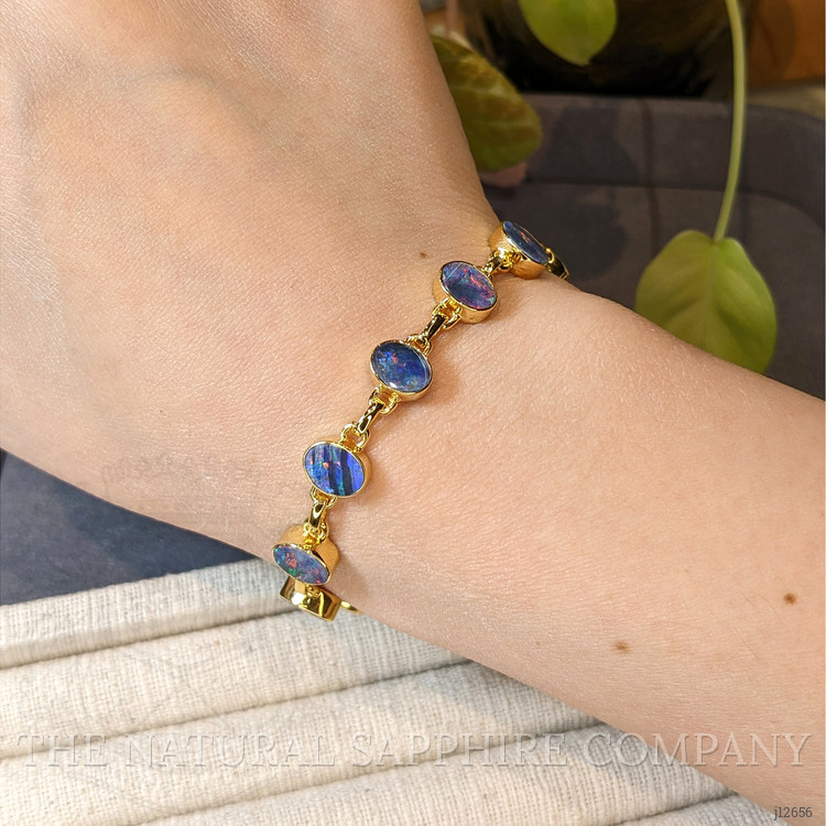 5.41 Ct.Tw. Multi Color Opal Bezel Bracelet, 18K Gold Plated Silver