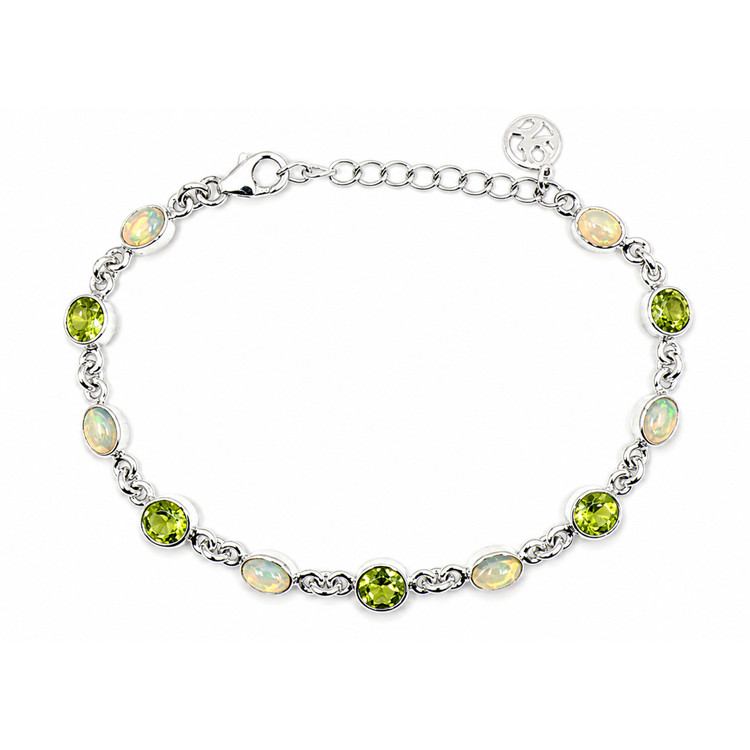6.83 Ct.Tw. Multi Color Crystal Opal (Jelly Opal) and Green (Lime Green) Peridot Bezel Bracelet, Silver