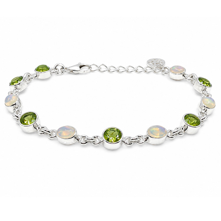 6.83 Ct.Tw. Multi Color Crystal Opal (Jelly Opal) and Green (Lime Green) Peridot Bezel Bracelet, Silver