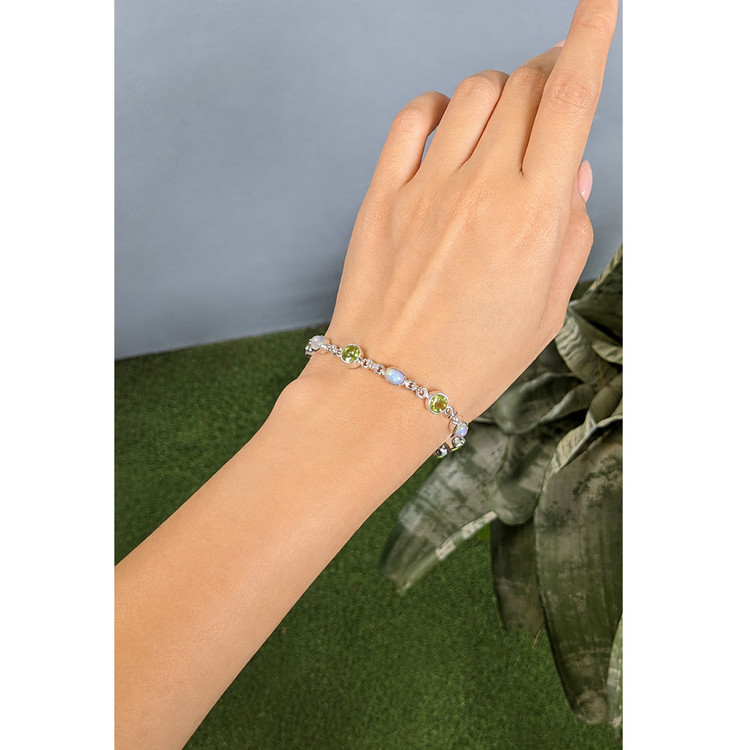 6.83 Ct.Tw. Multi Color Crystal Opal (Jelly Opal) and Green (Lime Green) Peridot Bezel Bracelet, Silver