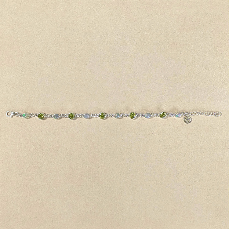 6.83 Ct.Tw. Multi Color Crystal Opal (Jelly Opal) and Green (Lime Green) Peridot Bezel Bracelet, Silver