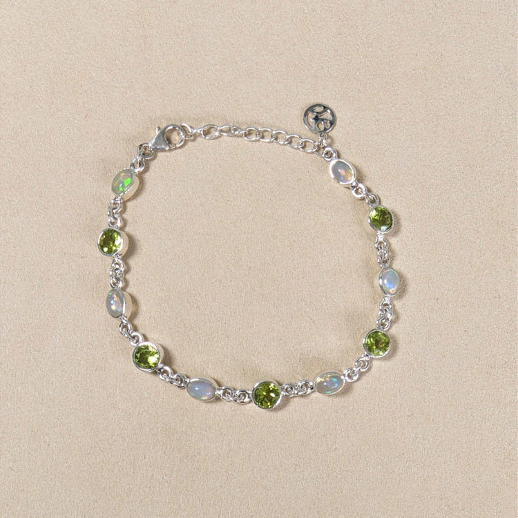 6.83 Ct.Tw. Multi Color Crystal Opal (Jelly Opal) and Green (Lime Green) Peridot Bezel Bracelet, Silver