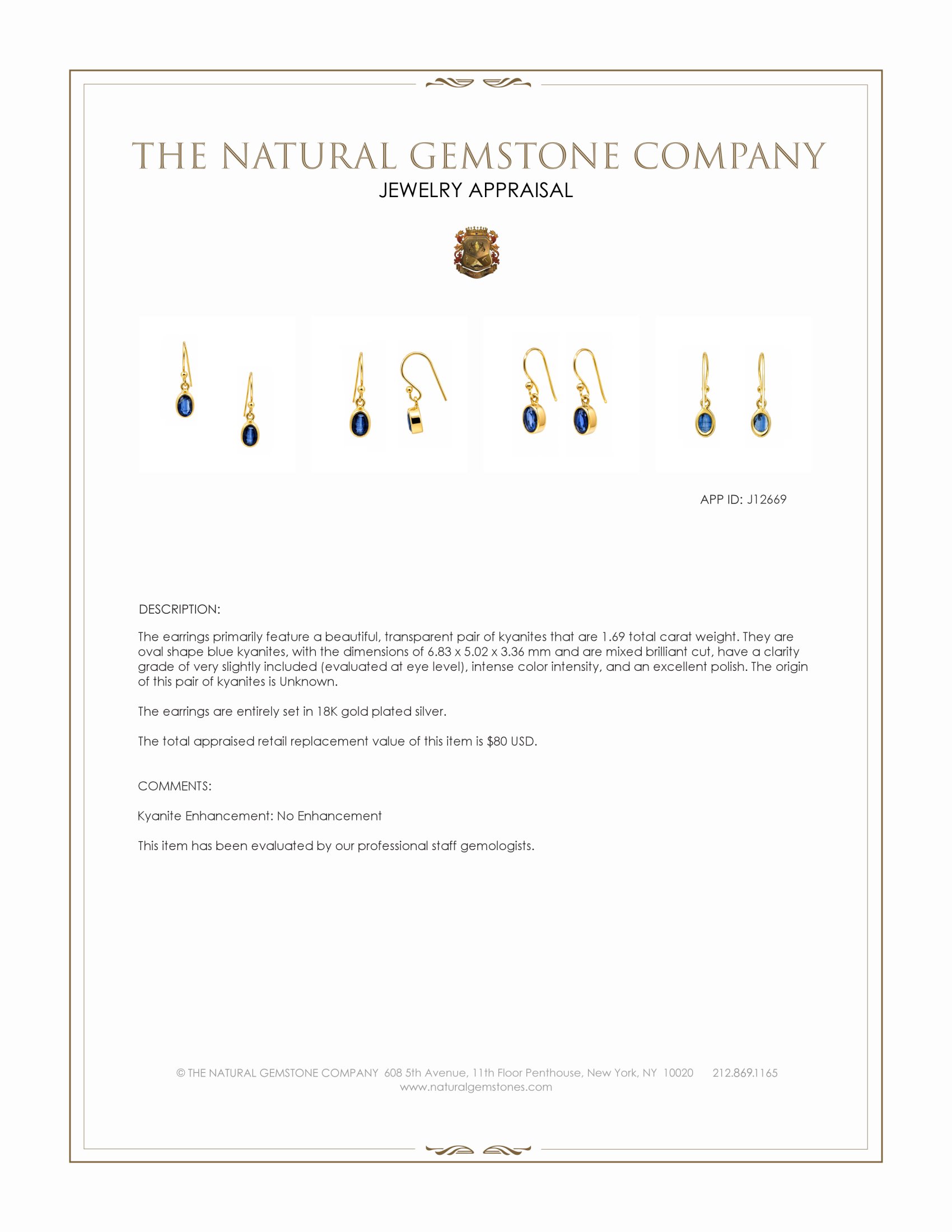 1.69 Ct.Tw. Blue Kyanite Drops Earrings, 18K Gold Plated Silver