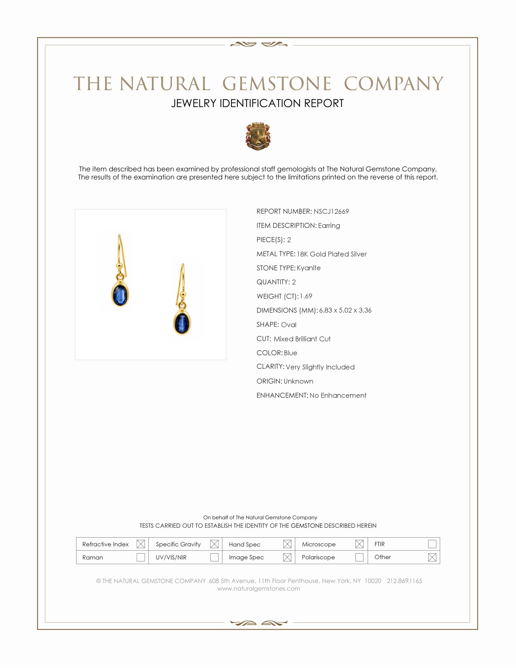 1.69 Ct.Tw. Blue Kyanite Drops Earrings, 18K Gold Plated Silver