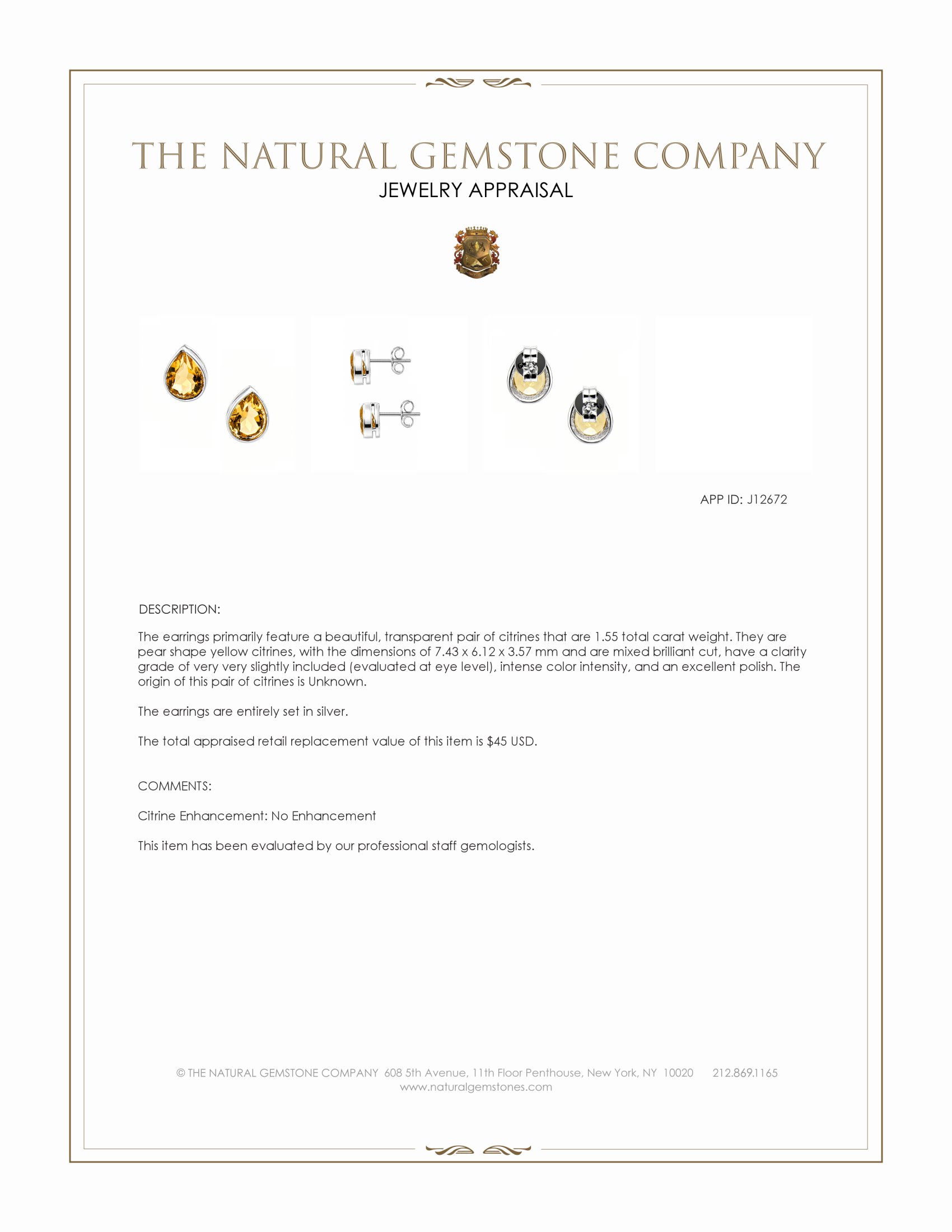 1.55 Ct.Tw. Yellow Citrine Studs Earrings, Silver
