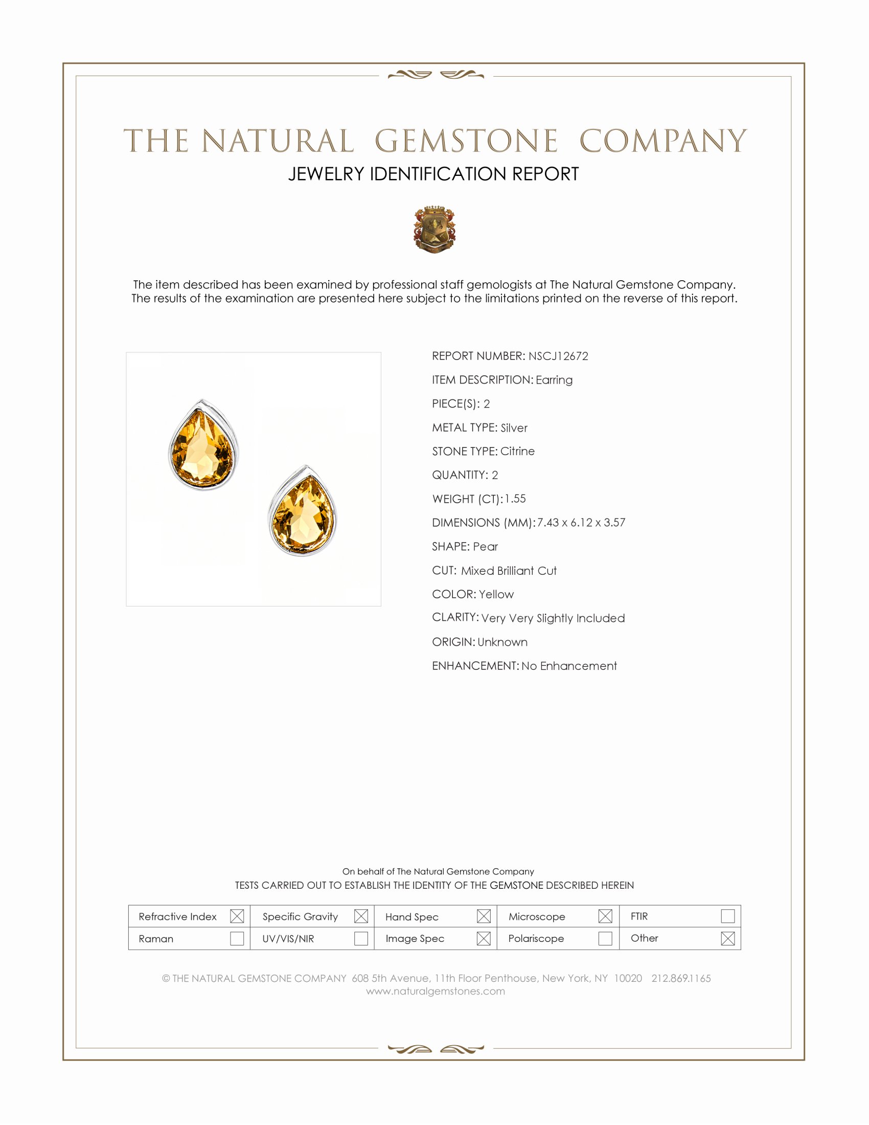 1.55 Ct.Tw. Yellow Citrine Studs Earrings, Silver