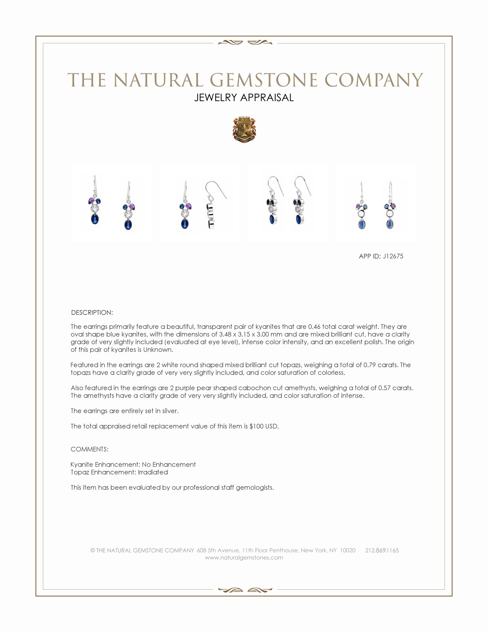 0.46 Ct.Tw. Blue Kyanite, White Topaz and Purple Amethyst Bezel Earrings, Silver